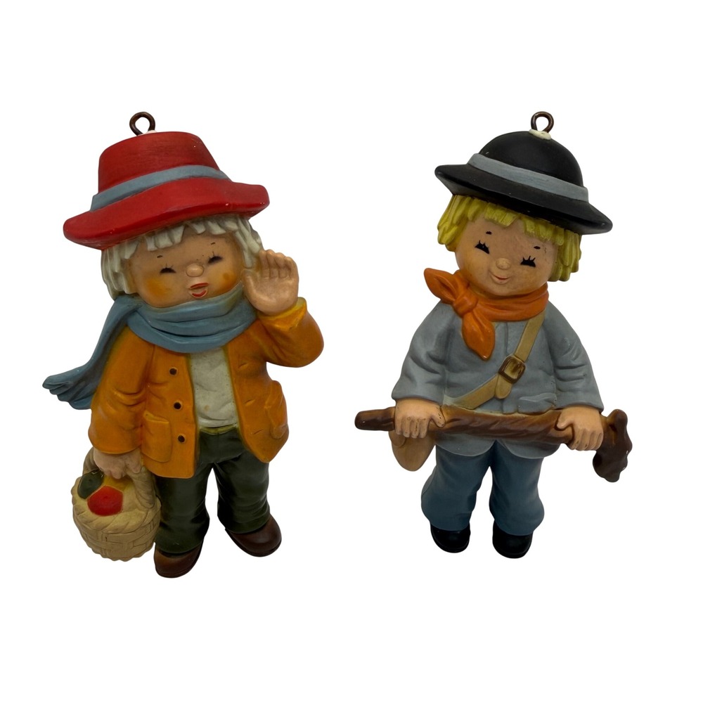 Vintage Homco Boy and Girl Figurines Ornaments Set Wandering Children Christmas